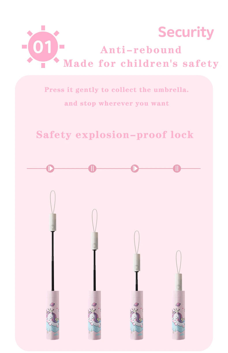 Pink Unicorn Princess Automatic Umbrella – Windproof Folding Reflective Umbrella