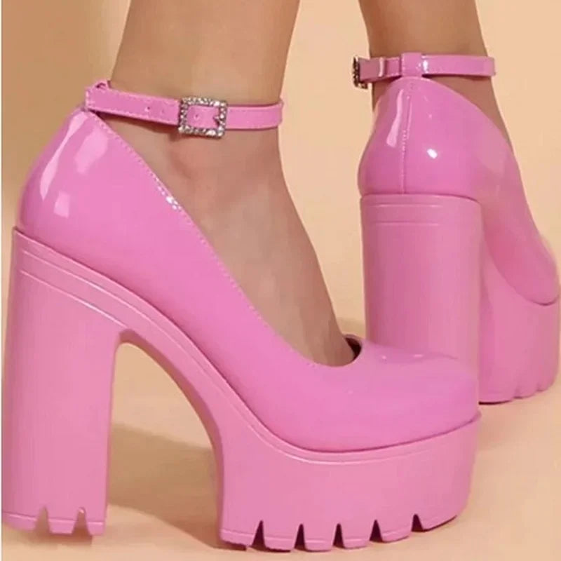 Pink Chunky Heeled Ankle Strap Pumps – Sweet Platform Square Heel Women’s High Heels