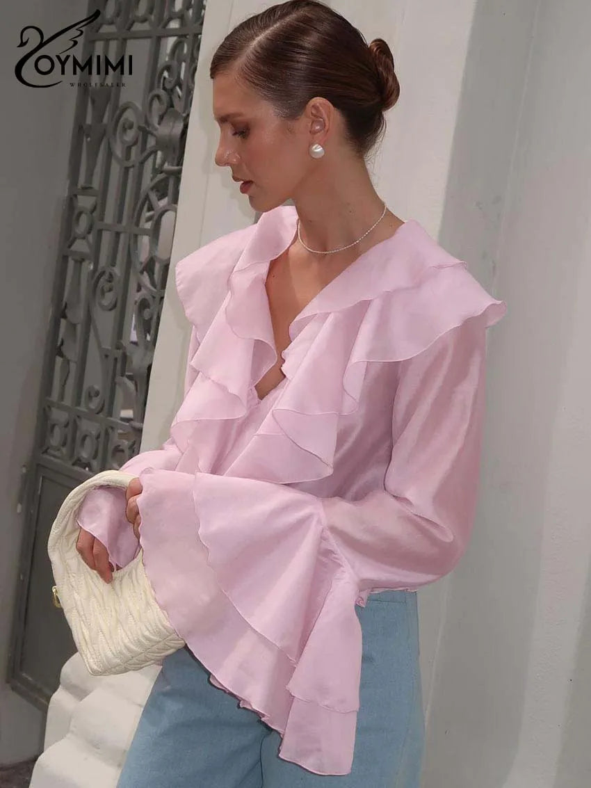 Elegant Pink Ruffled V-Neck Blouse – Petal Sleeve Women’s Fashion Shirt