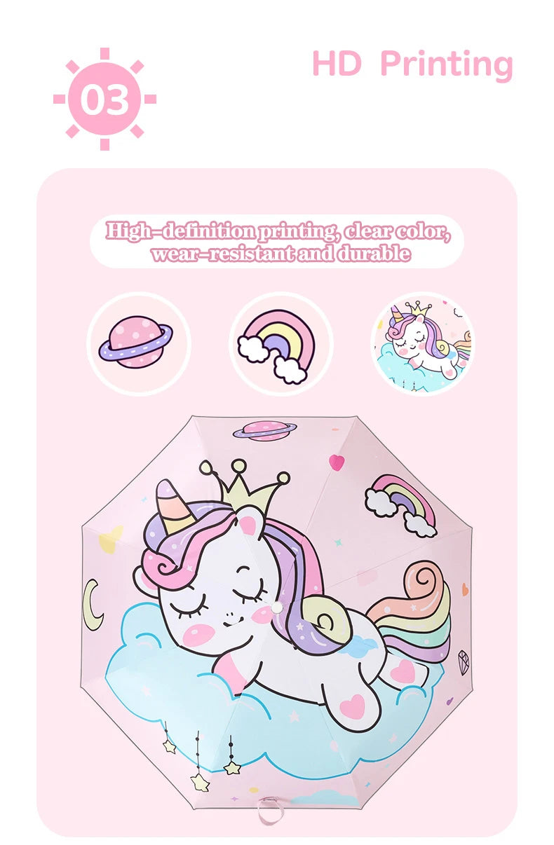 Pink Unicorn Princess Automatic Umbrella – Windproof Folding Reflective Umbrella