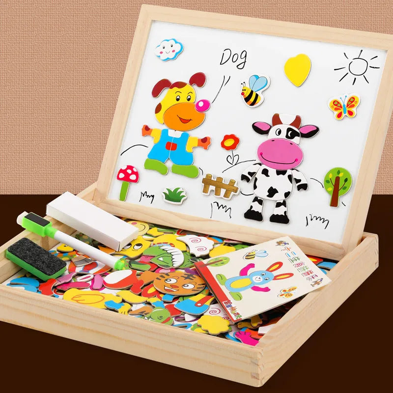 100+Pcs Wooden Magnetic Animal Puzzle Board – Multifunction Learning Drawing Toy for Kids Education & Creativity