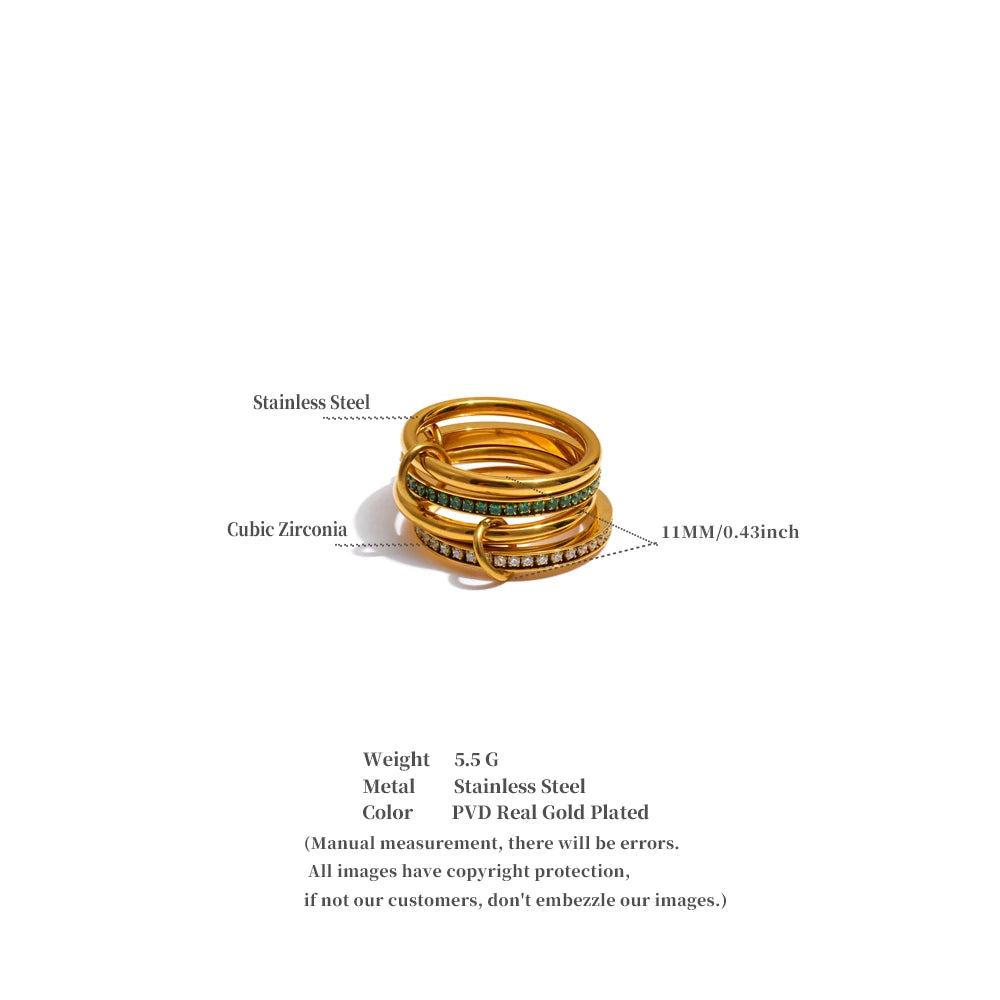 Yhpup Size 678 White Green Zirconia 4 Layered Stacked Ring 18K Golden PVD Plated Stainless Steel Popular Jewelry Accessories