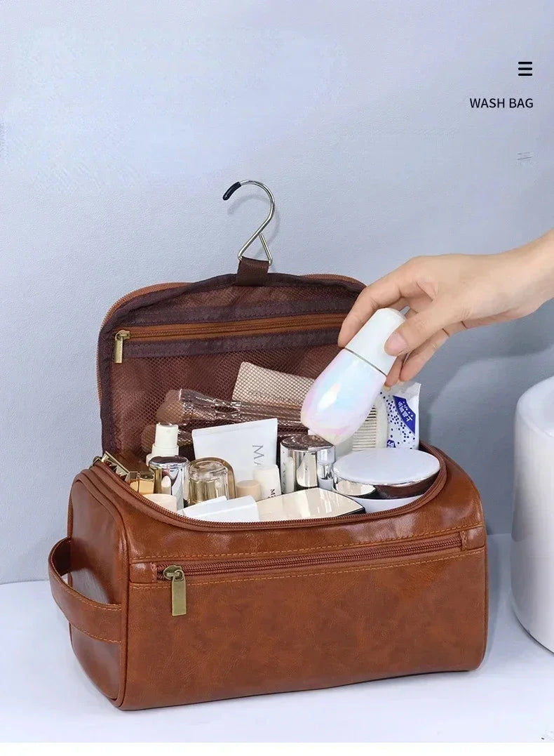 For Traveling Large Cosmetic Bag Leather Toiletry Bag for Men Women Dopp Kit Mens Hanging Toiletry Bag