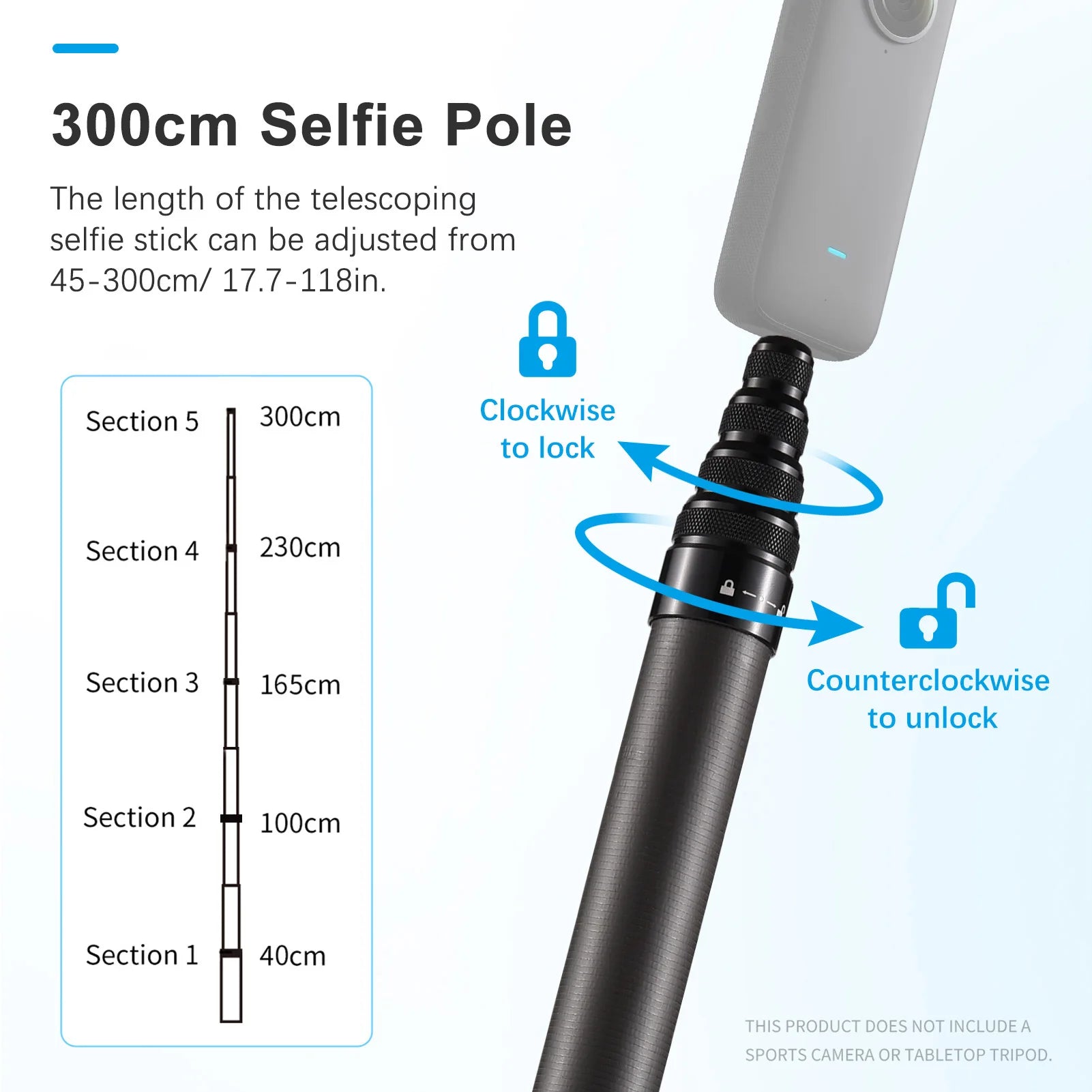Insta360 3M Carbon Fiber Selfie Stick – 118" Long Telescopic Portable Selfie Stand for INSTA360 X2/X3