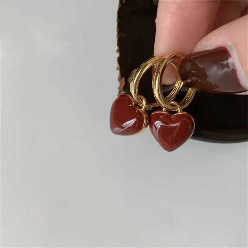 Red Epoxy Heart Drop Earrings – Cute Gold-Plated Women’s Fashion Jewelry