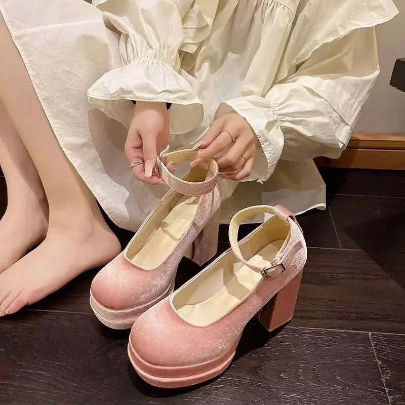 Retro Pink Mary Janes High Heels – French Thick Heel Wedding & Party Shoes for Women