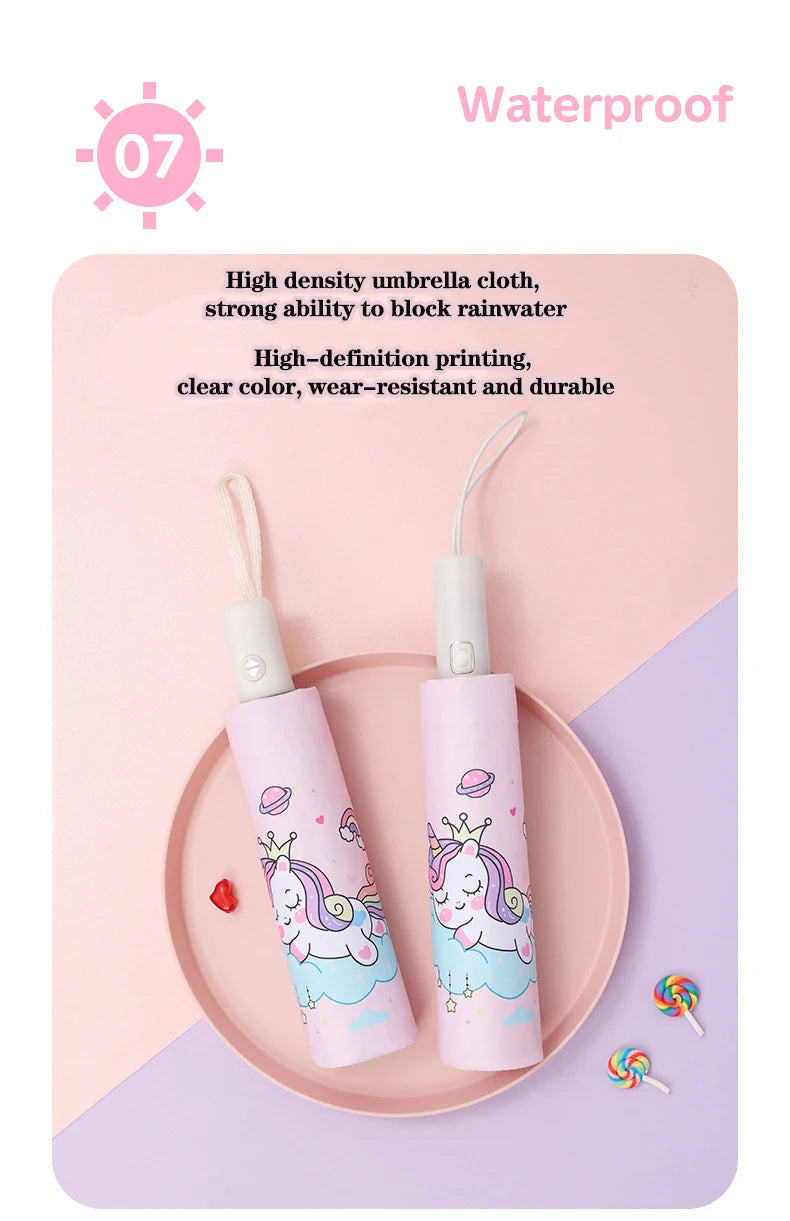 Pink Unicorn Princess Automatic Umbrella – Windproof Folding Reflective Umbrella