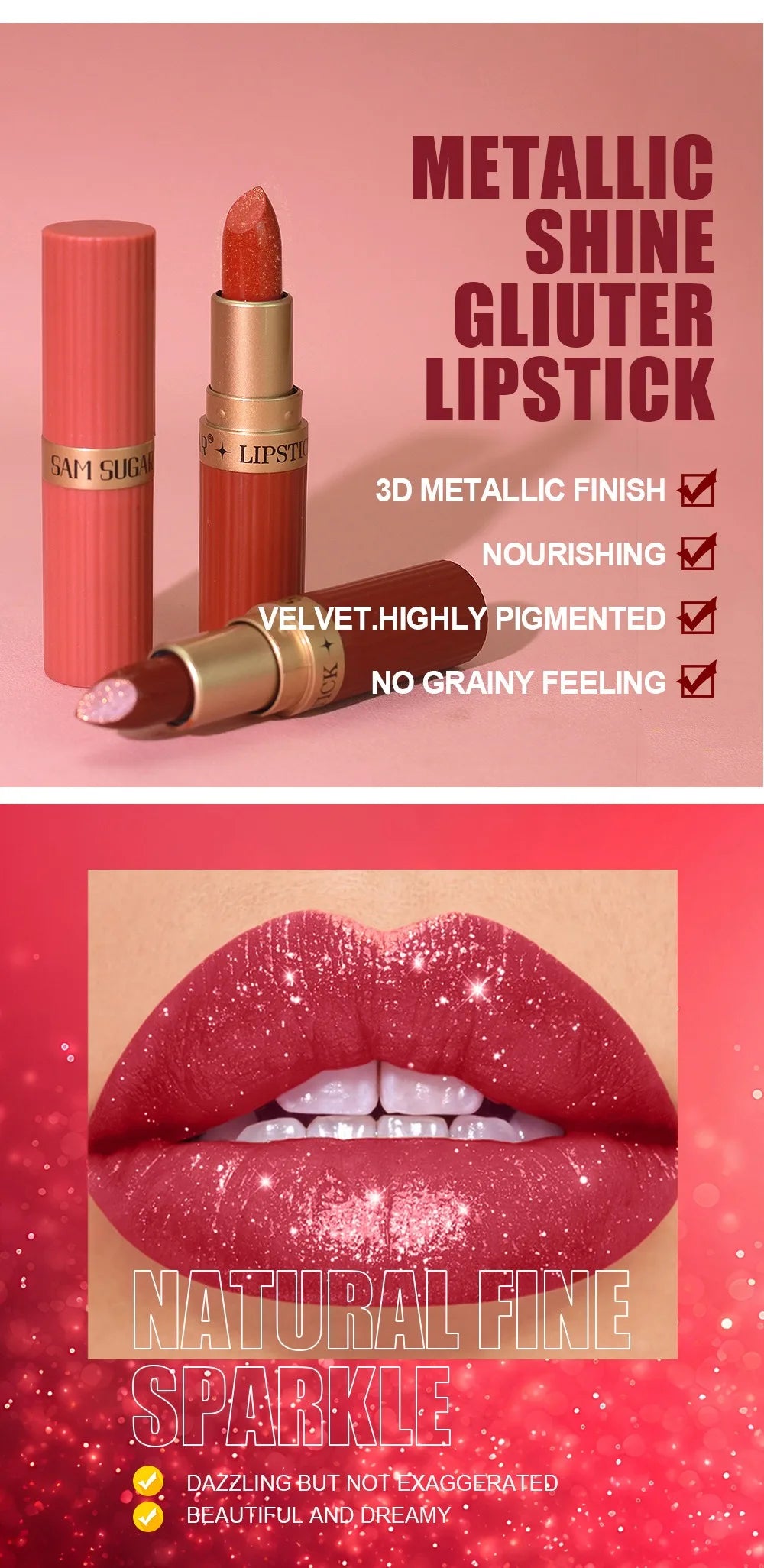 Pearlescent Pink Glitter Velvet Lipstick – Metallic, Waterproof, Long-Lasting Matte Shimmer Diamond Lipstick