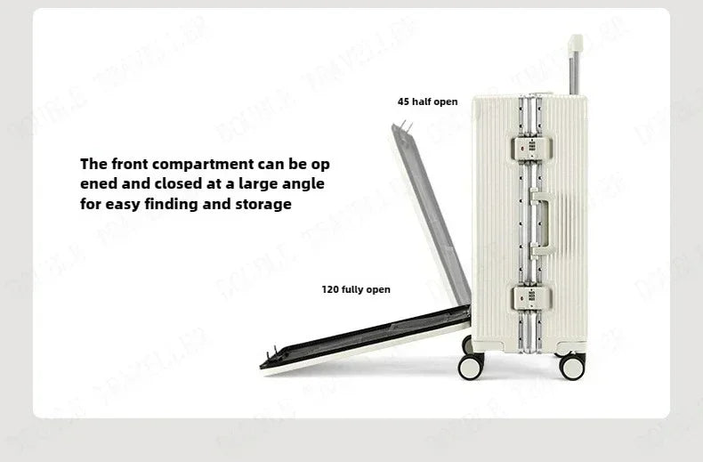 Front Opening Aluminum Frame Rolling Luggage – Large Capacity ABS+PC Trolley Suitcase with USB Charging