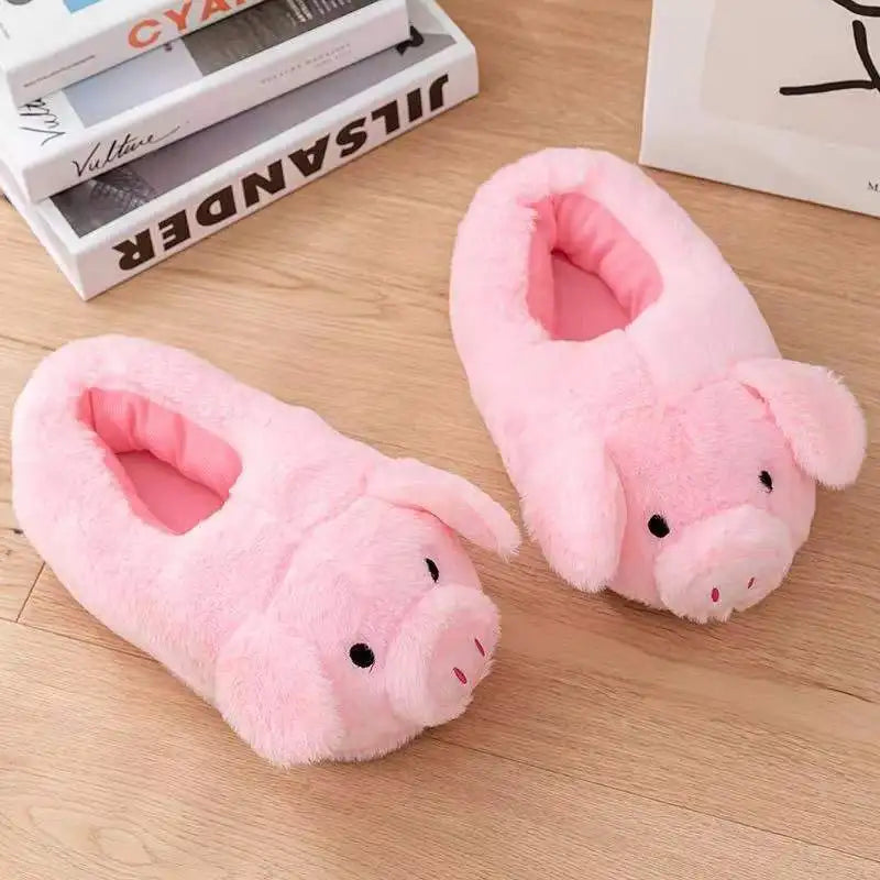 Cute Pink Pig Plush Slippers – Warm Winter Furry Indoor Shoes for Women
