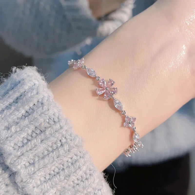Y2K Pink Crystal Flower Bracelet – Elegant Zircon Blossom Jewelry for Women
