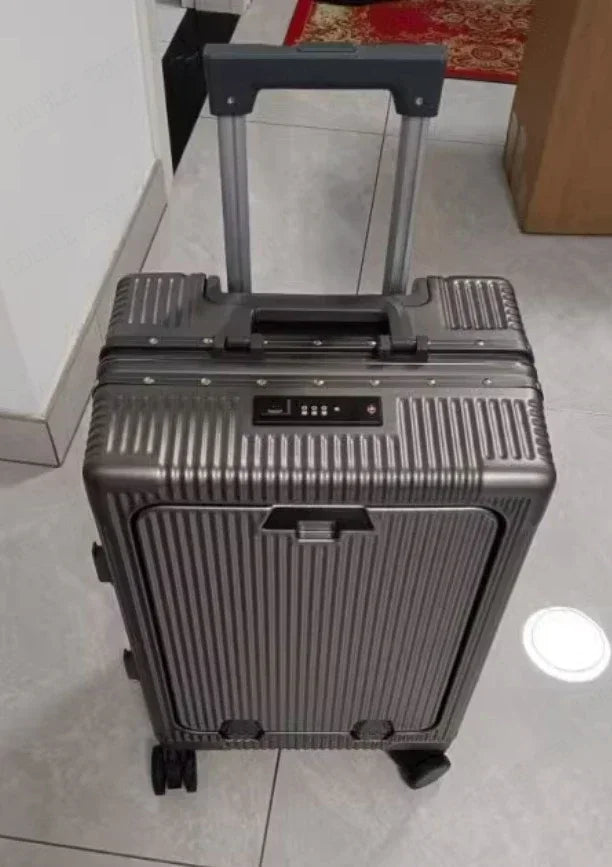Front Opening Aluminum Frame Rolling Luggage – Large Capacity ABS+PC Trolley Suitcase with USB Charging