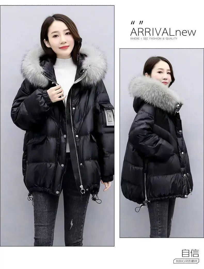 2025 Women’s Winter Down Cotton Jacket – Hooded Puffer Coat with Fur Collar