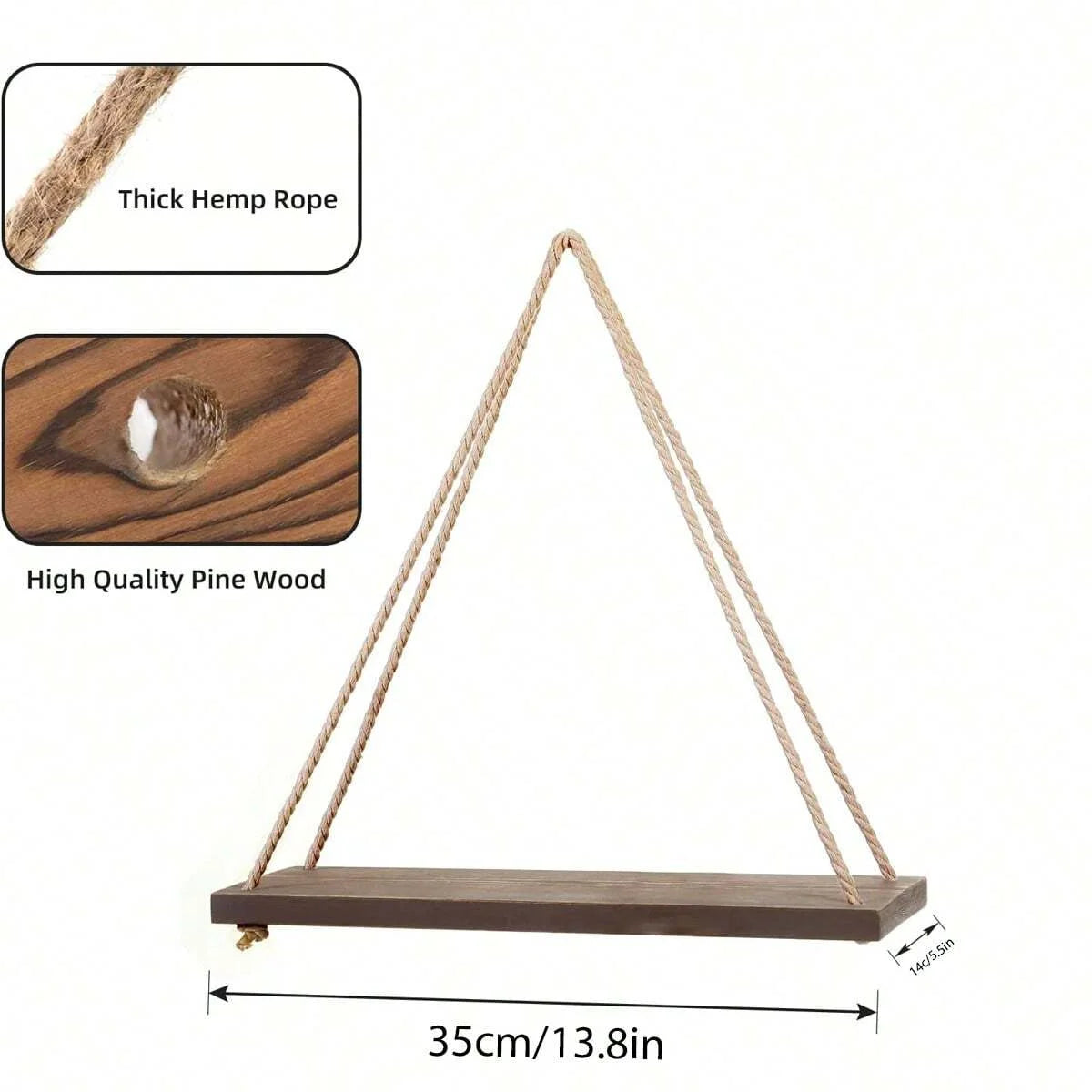 Wooden Swing Floating Shelf – Hemp Rope Hanging Wall Shelf for Plants & Home Decor