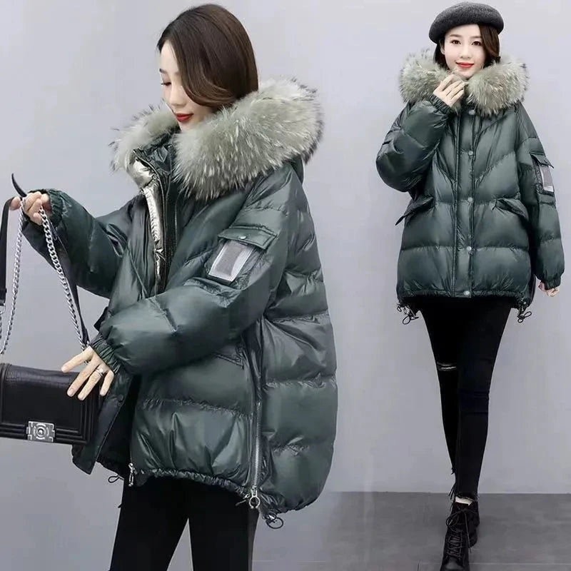2025 Women’s Winter Down Cotton Jacket – Hooded Puffer Coat with Fur Collar