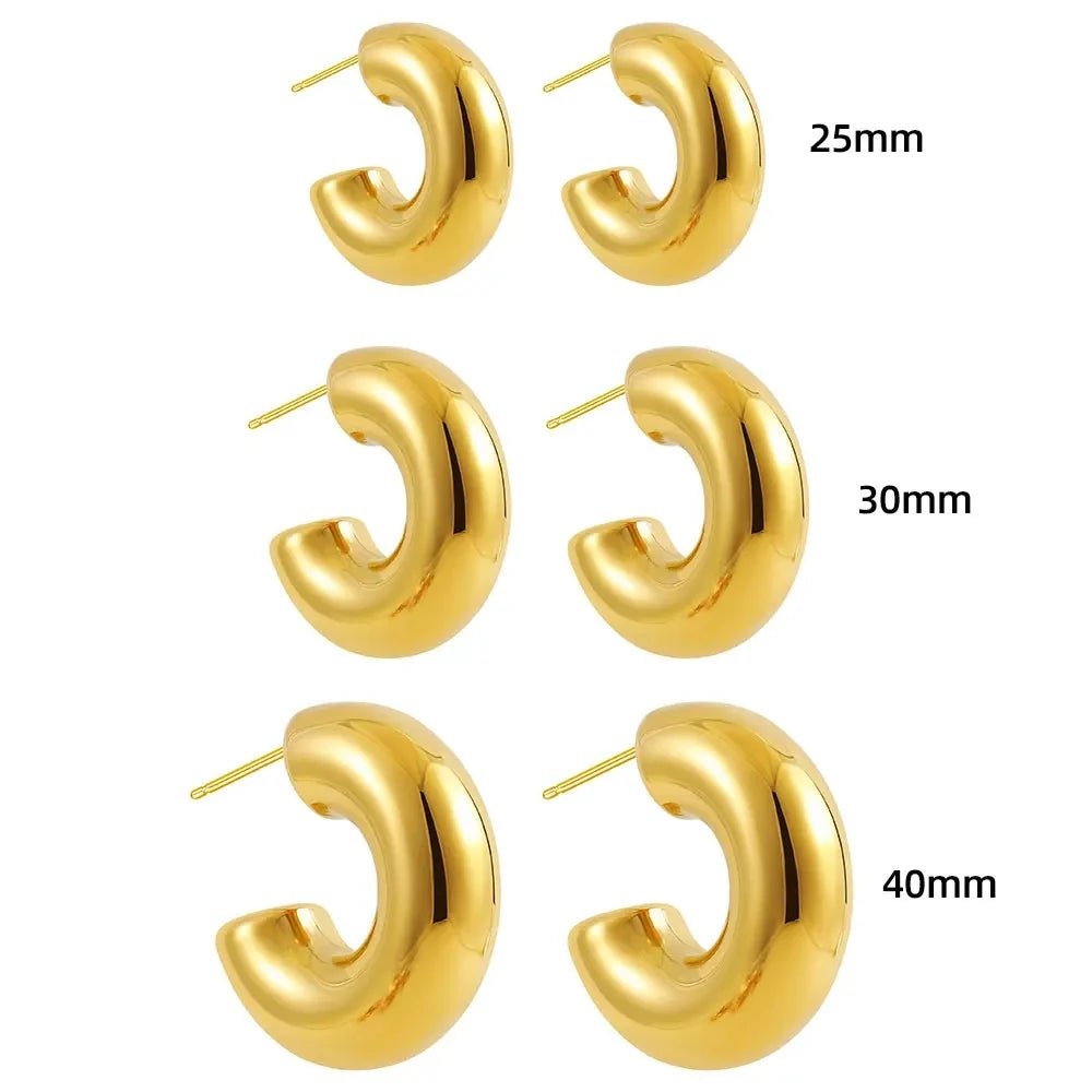 Classic Gold-Plated Chunky Hoop Earrings – Smooth Round C-Shape Stainless Steel Fashion Jewelry for Women