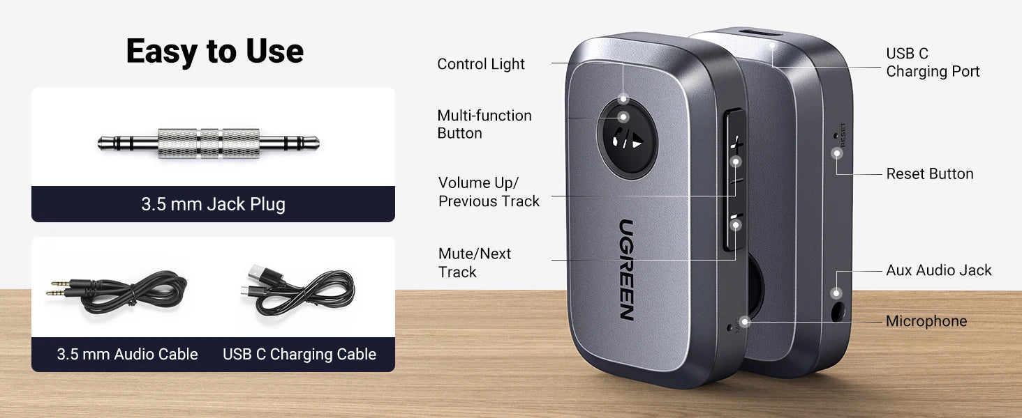 UGREEN Bluetooth Audio Receiver – Wireless 3.5mm Car Adapter, Handsfree Bluetooth 5.3