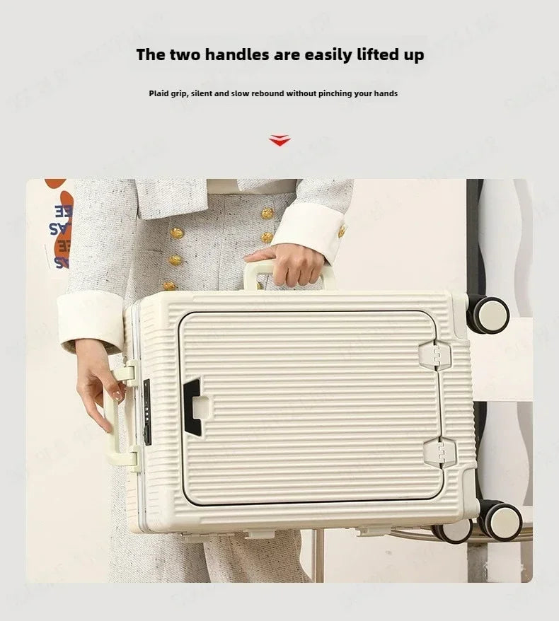 Front Opening Aluminum Frame Rolling Luggage – Large Capacity ABS+PC Trolley Suitcase with USB Charging