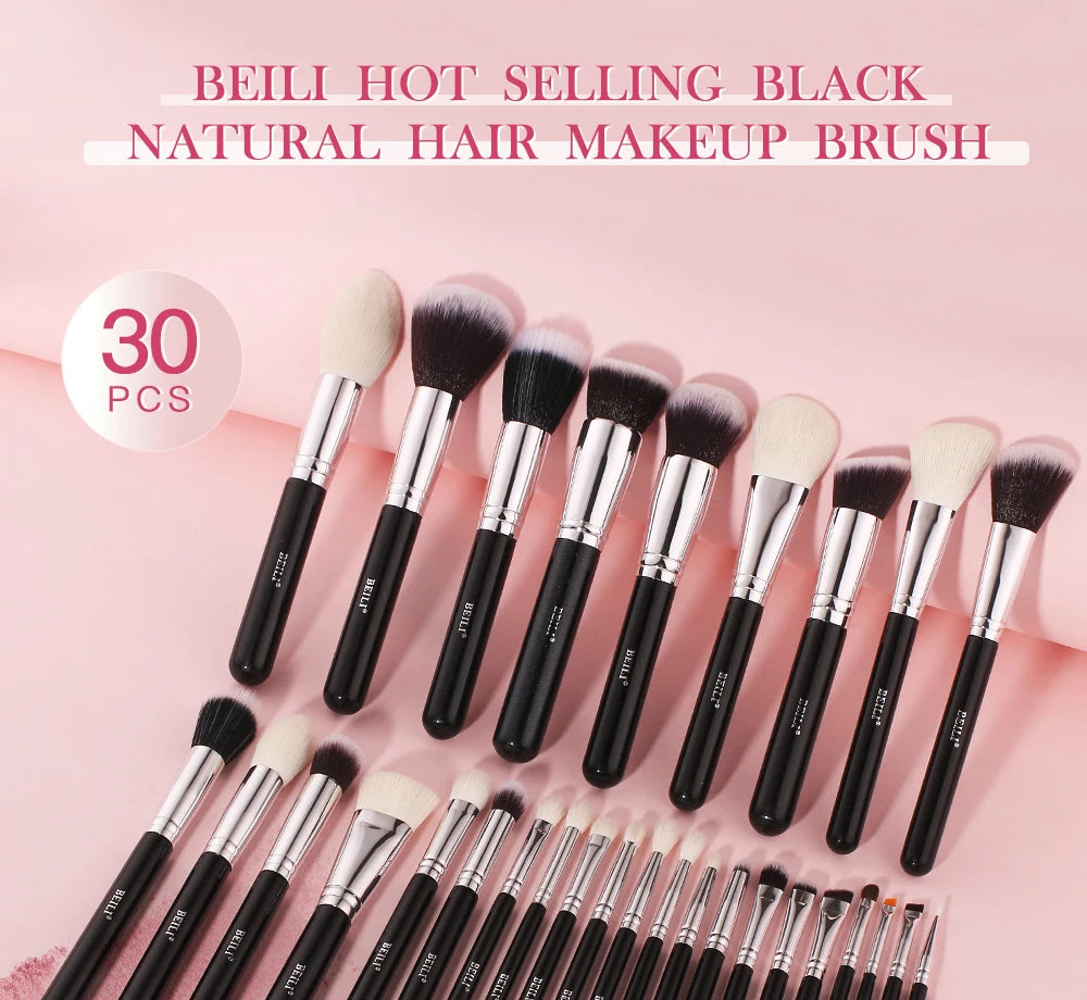 BEILI Black Makeup Brush Set – Professional Natural Goat Hair Brushes for Foundation, Powder & Eyeshadow